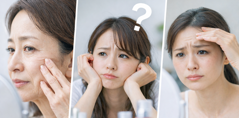 美容クリニック選びに悩む女性（たるみ・シワ・不安）